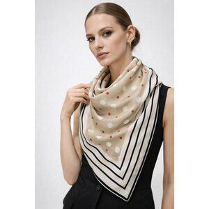 Anne Klein Polka Dot Silk Scarf Square Beige Black White Border Vintage Style